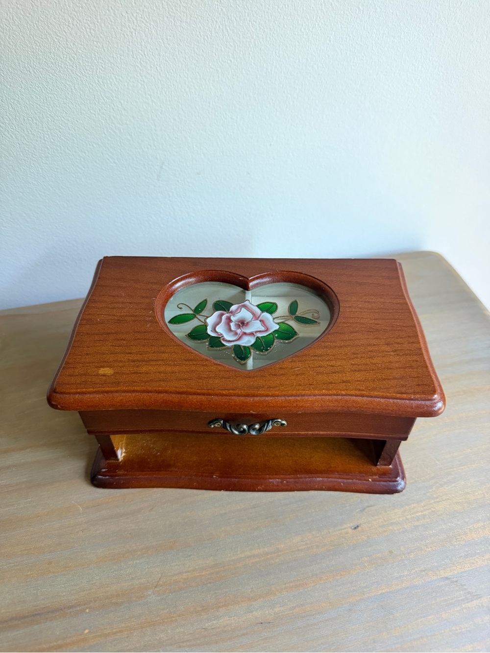 Vintage Wooden Heart Top  Jewelry Box with Floral Glass Inlay